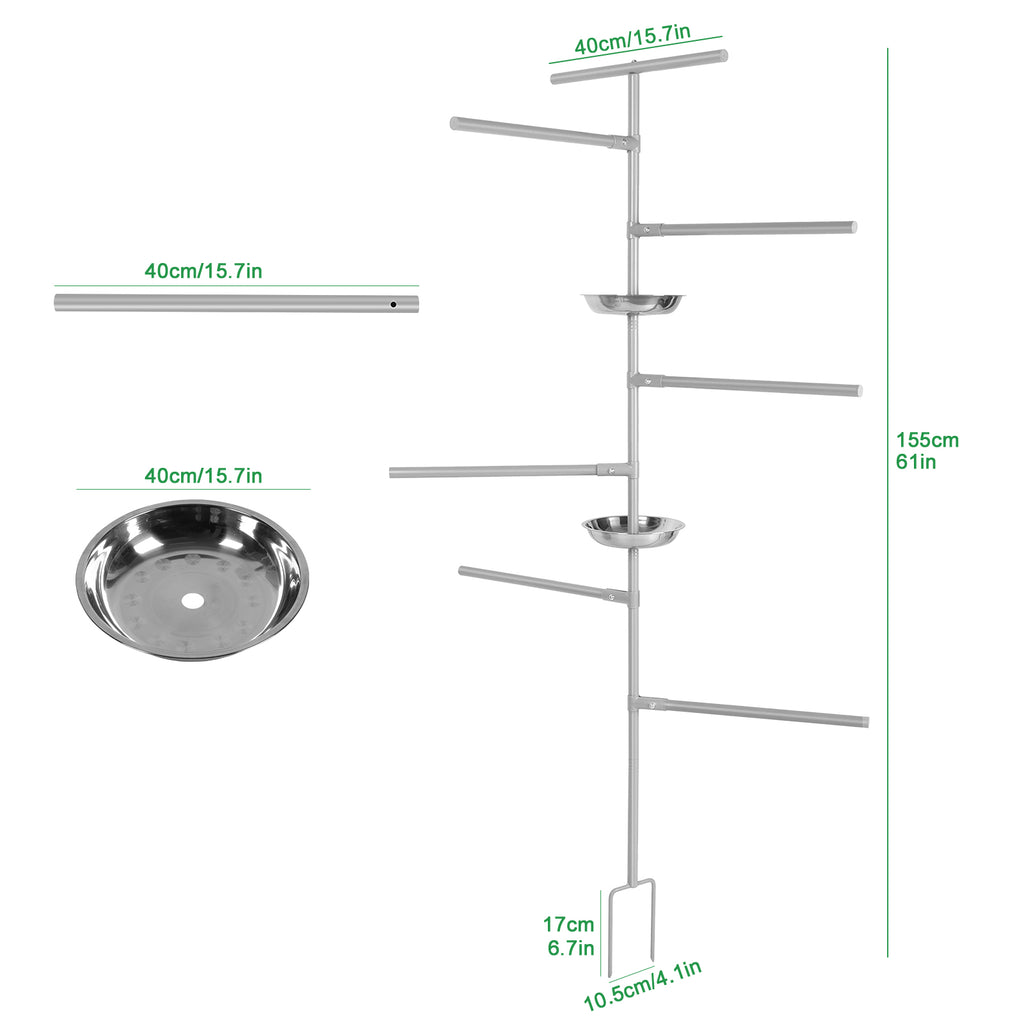 8-Tier Metal Chicken Roosting Bar with 2 Feeders, Ground-Inserted Iron Perch Stand for Poultry Coops