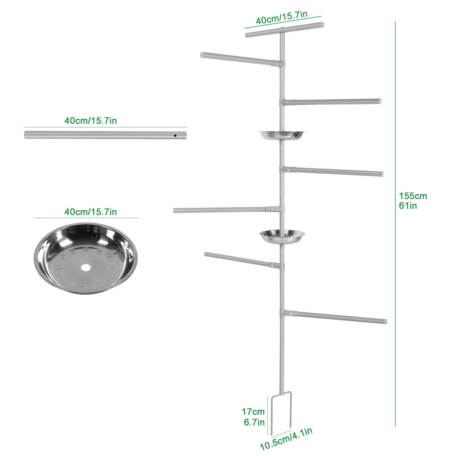 8-Tier Metal Chicken Roosting Bar with 2 Feeders, Ground-Inserted Iron Perch Stand for Poultry Coops