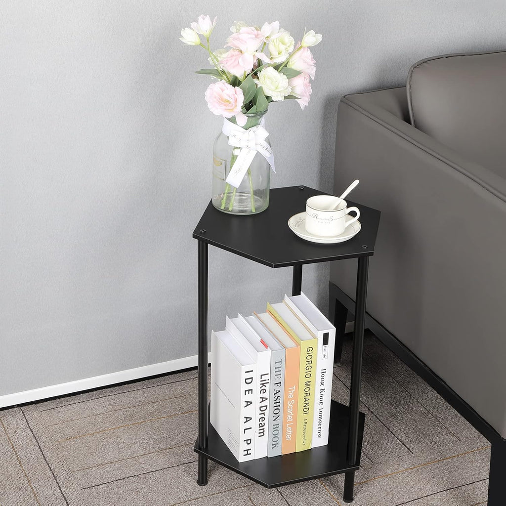 Bamboo Hexagonal End Table Set of 2 - 2-Tier Side Table & Nightstand for Small Spaces, Black
