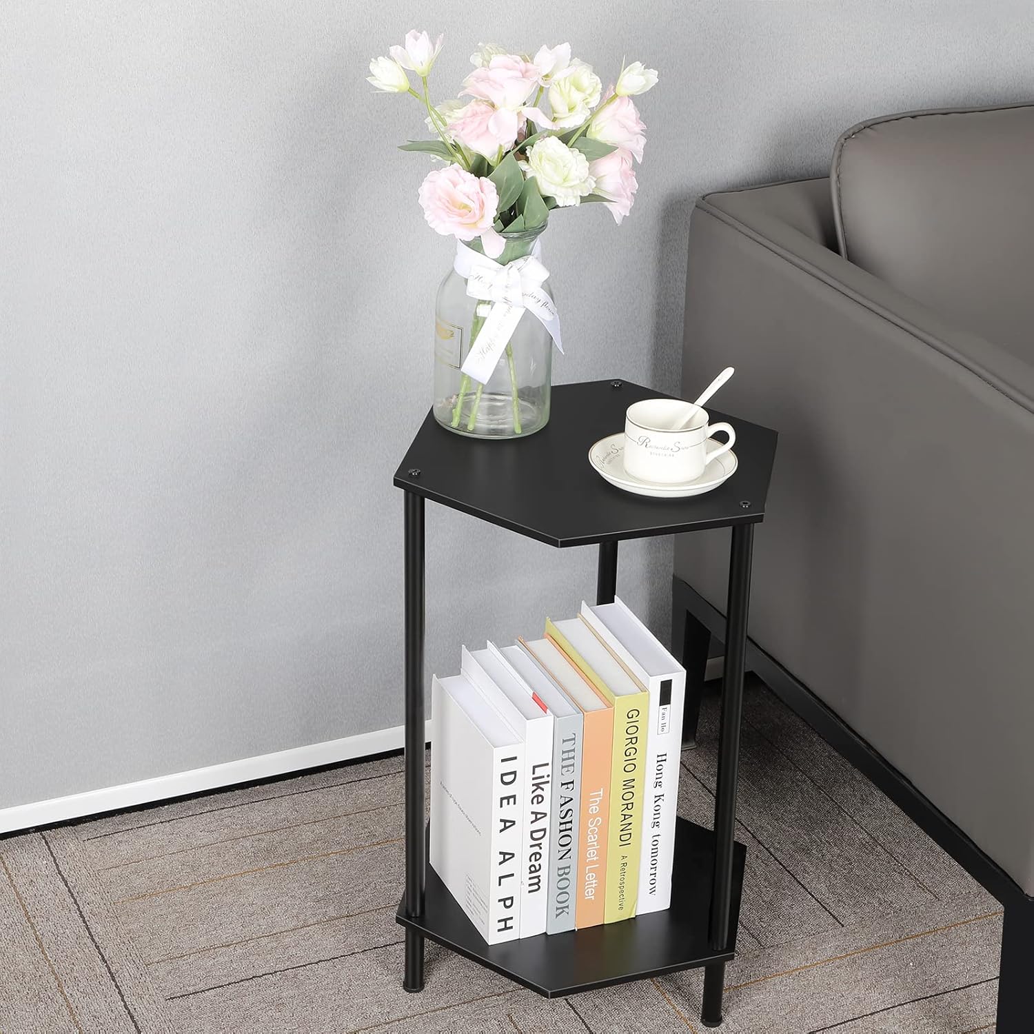 Bamboo Hexagonal End Table Set of 2 - 2-Tier Side Table & Nightstand for Small Spaces, Black