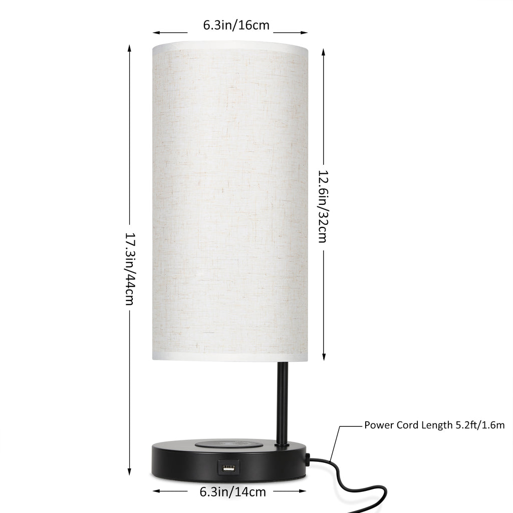 Set of 2 Bedside Nightstand Lamps with Integrated Wireless Charging, USB Port, and Linen Fabric Shades for Home and Office use.