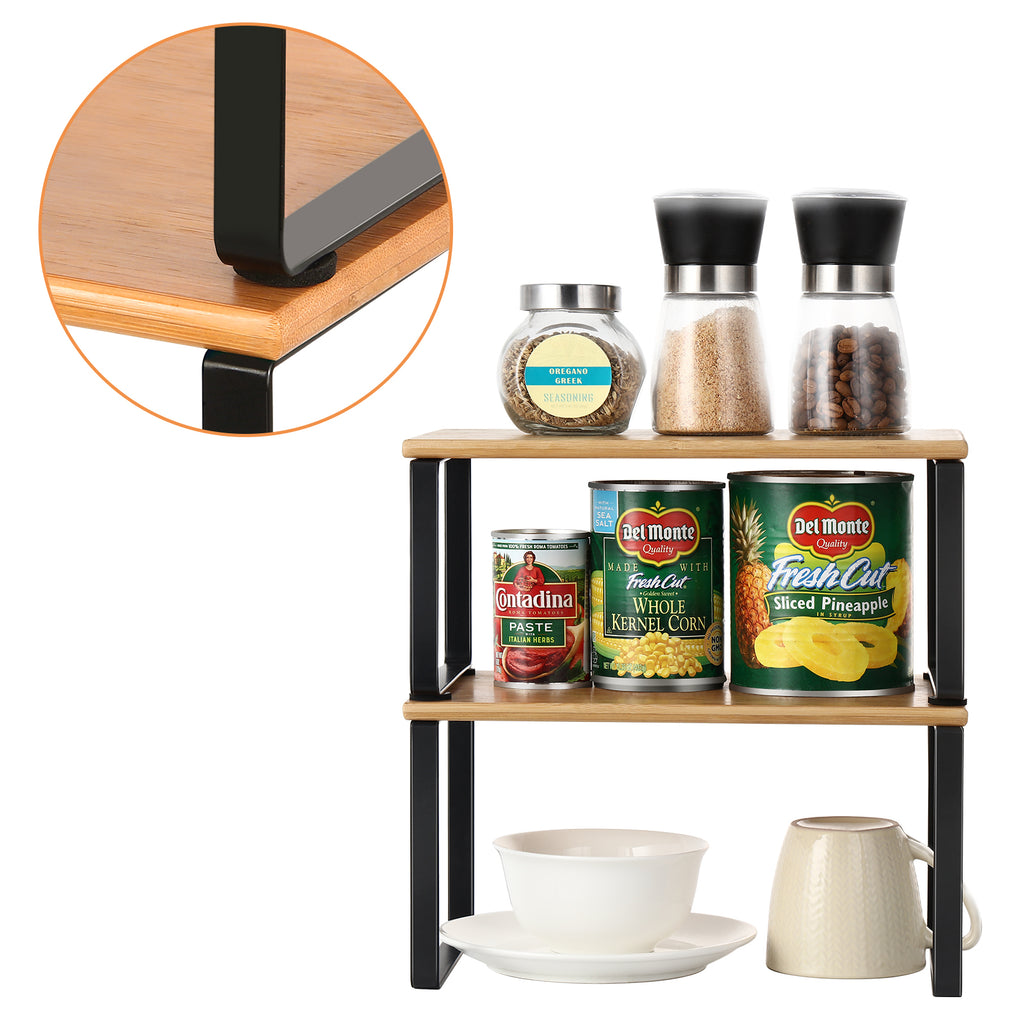 2-Pack Expandable Cabinet Shelf Organizers - Stackable Kitchen Counter & Pantry Shelves, Black Metal