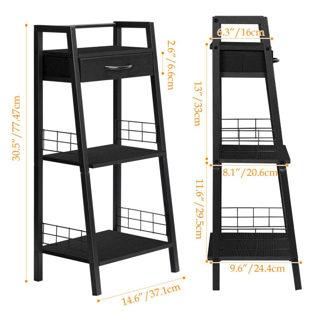 3 Tier Ladder Storage Shelf with Fabric Drawer, Freestanding Small Bookshelf Organizer Rack, Industrial Metal Frame Display Shelves for Bathroom, Bedroom, Living Room, Balcony, Black
