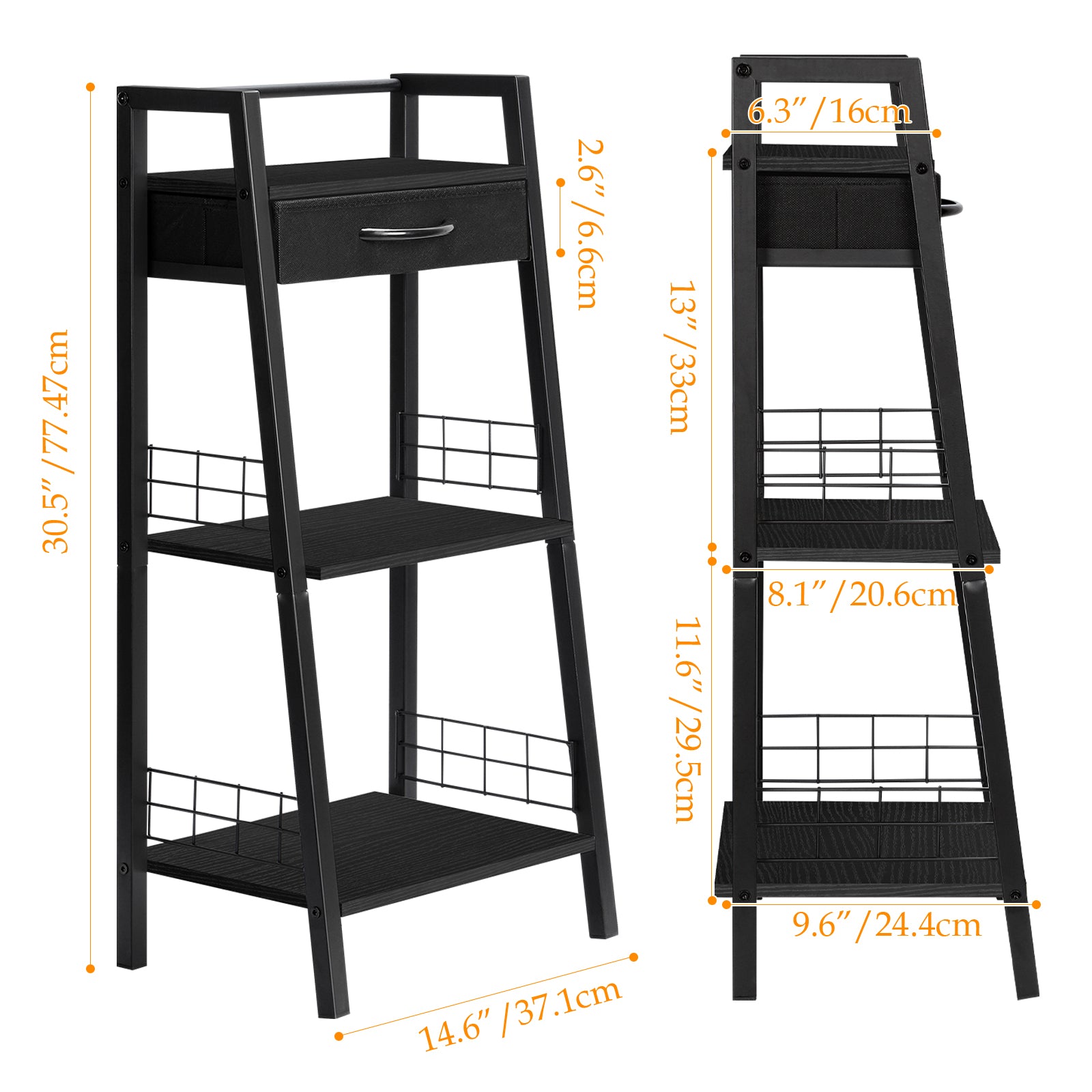 3 Tier Ladder Storage Shelf with Fabric Drawer, Freestanding Small Bookshelf Organizer Rack, Industrial Metal Frame Display Shelves for Bathroom, Bedroom, Living Room, Balcony, Black