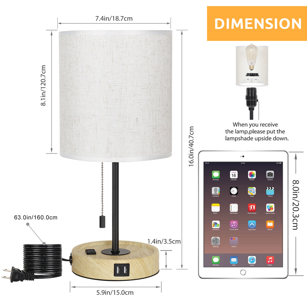 Multifunctional Wood Base USB Bedside Lamp， Table Lamp with Dual USB Ports and AC Outlet.