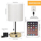 Multifunctional Wood Base USB Bedside Lamp， Table Lamp with Dual USB Ports and AC Outlet.