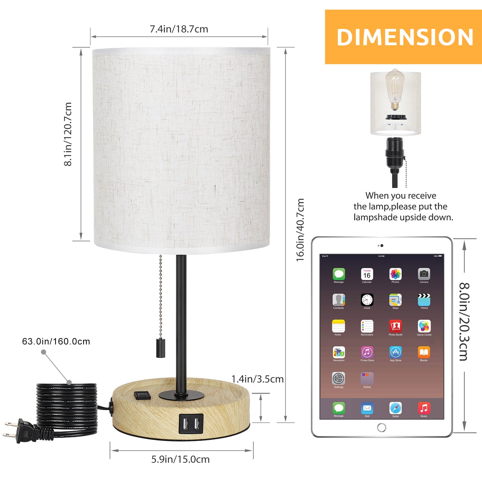 Multifunctional Wood Base USB Bedside Lamp， Table Lamp with Dual USB Ports and AC Outlet.