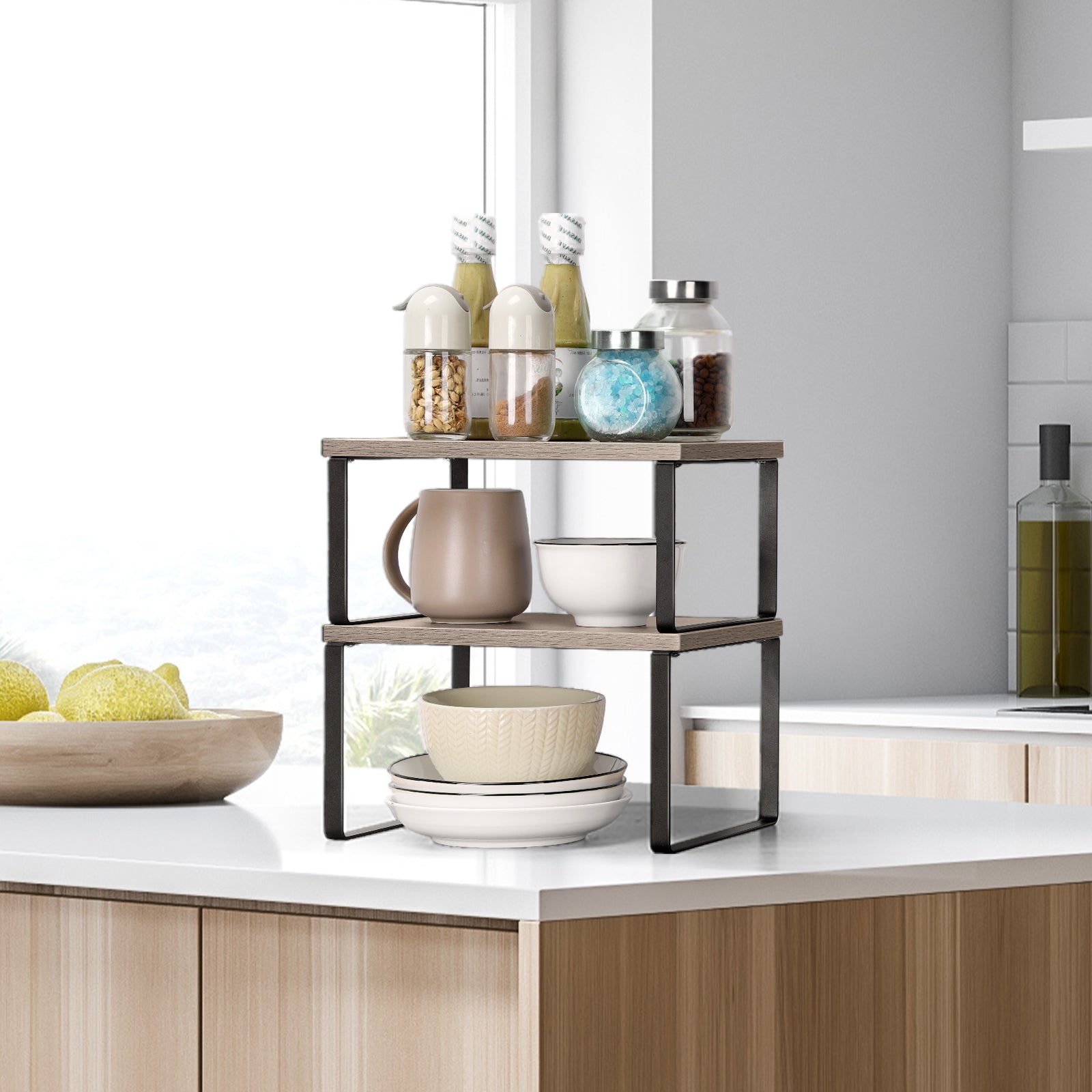 Stackable Kitchen Counter Shelves (Set of 2) -Expandable Grey Wood Organizers for Countertops & Cabinets