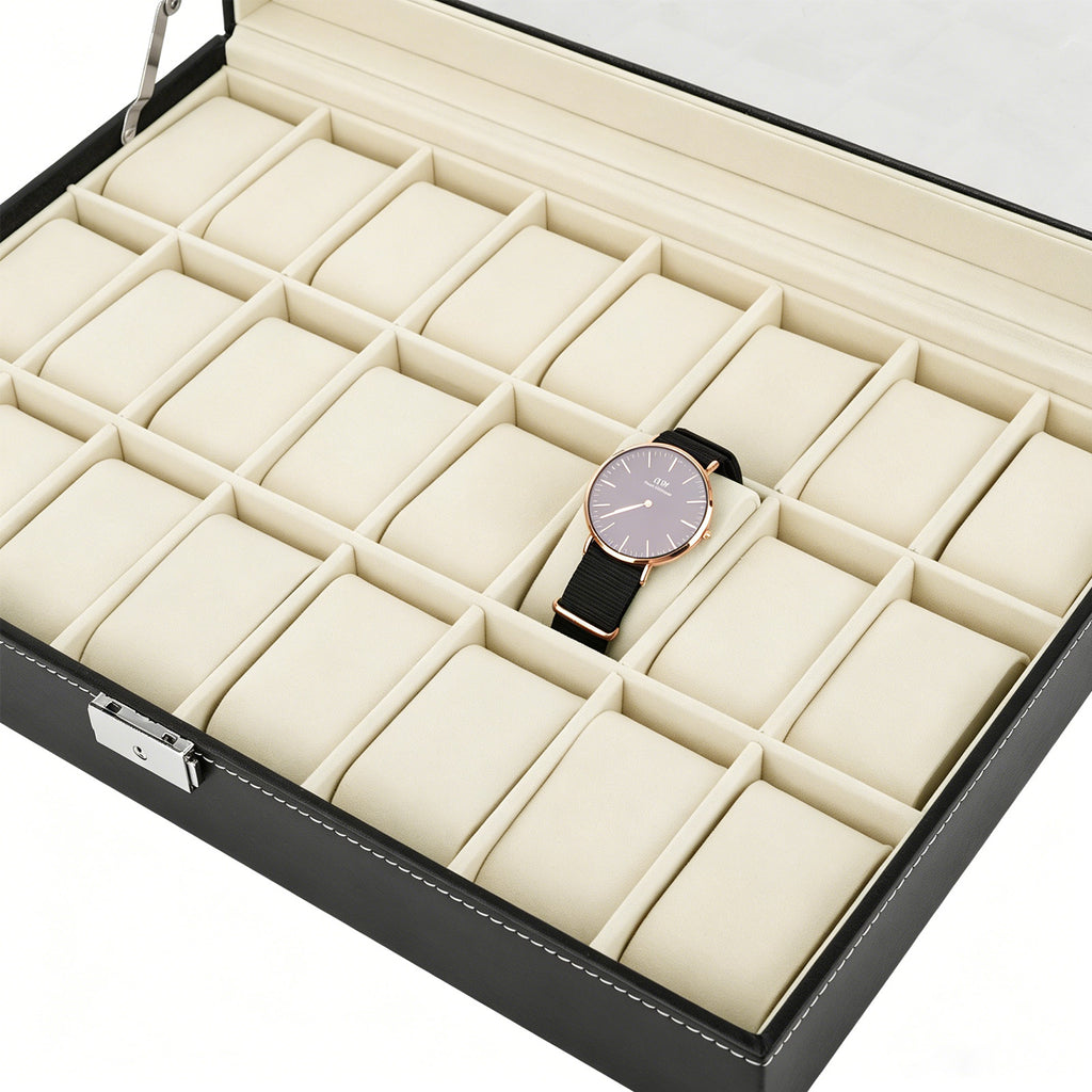 Large 24-Slot Men's Watch Display Case with Secure Lock and Clear Viewing Lid in Black Synthetic Leather