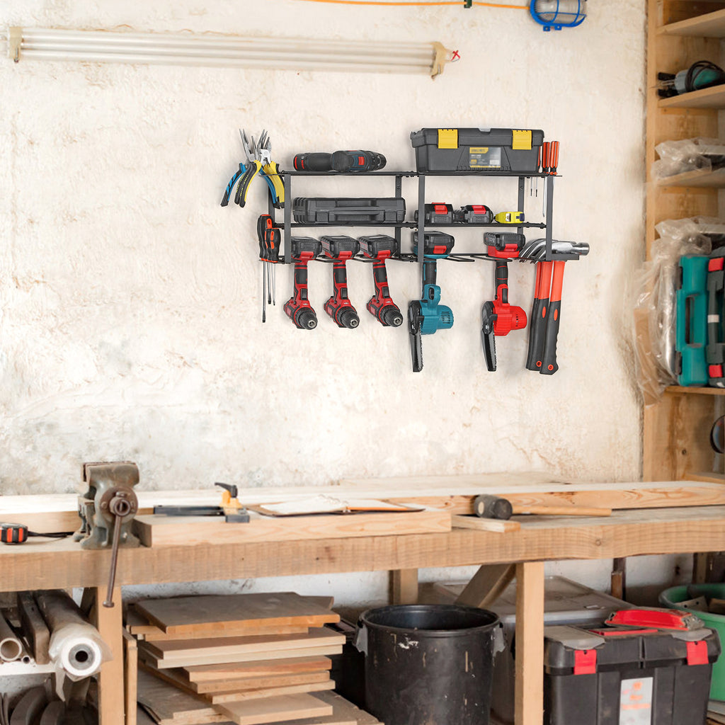Power Tool Organiser with 6 Drill Holders, Garage Tool Organiser and Storage Rack, Wall Mounted Power Tool Rack, Heavy Duty Metal Tool Rack, Free Standing Tool Rack
