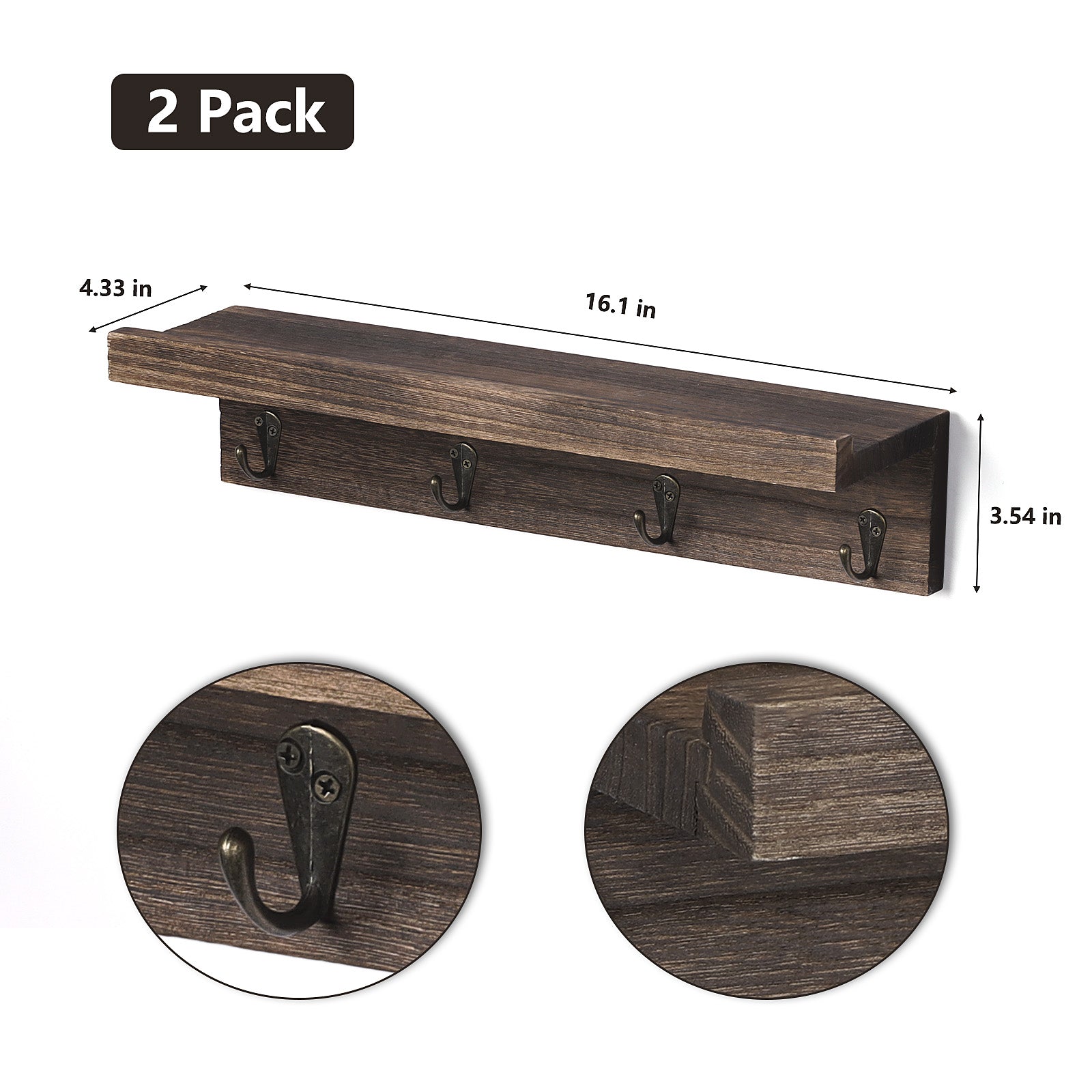 Set of 2 Wall-Mounted Entryway Organizers with 8 Hanging Hooks and Wooden Storage Ledge for Accessories, Dark Gray