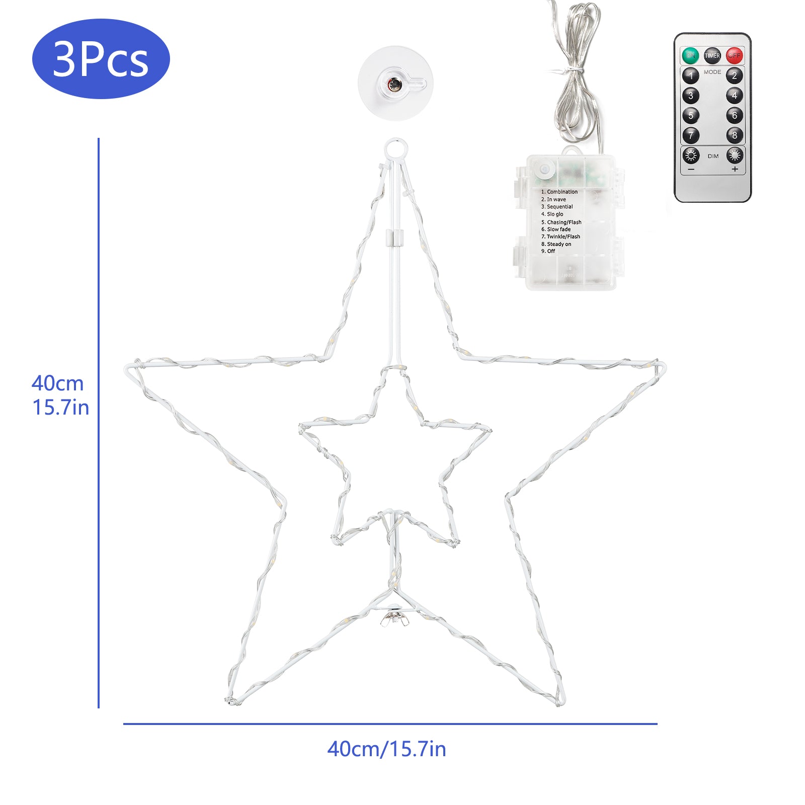 3-Pack Large Hanging Star String Lights, Remote Controlled Multi-Color Window Curtain Lights for Bedroom and Patio,