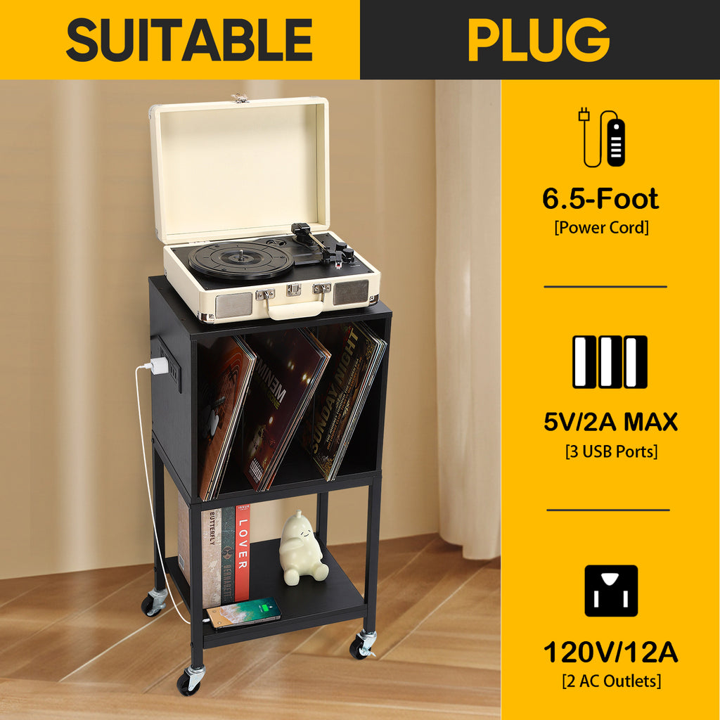 3-Tier Vinyl Turntable Station with Integrated Power Outlets and USB Ports, Black Media Storage Cabinet and Nightstand for Record Collections
