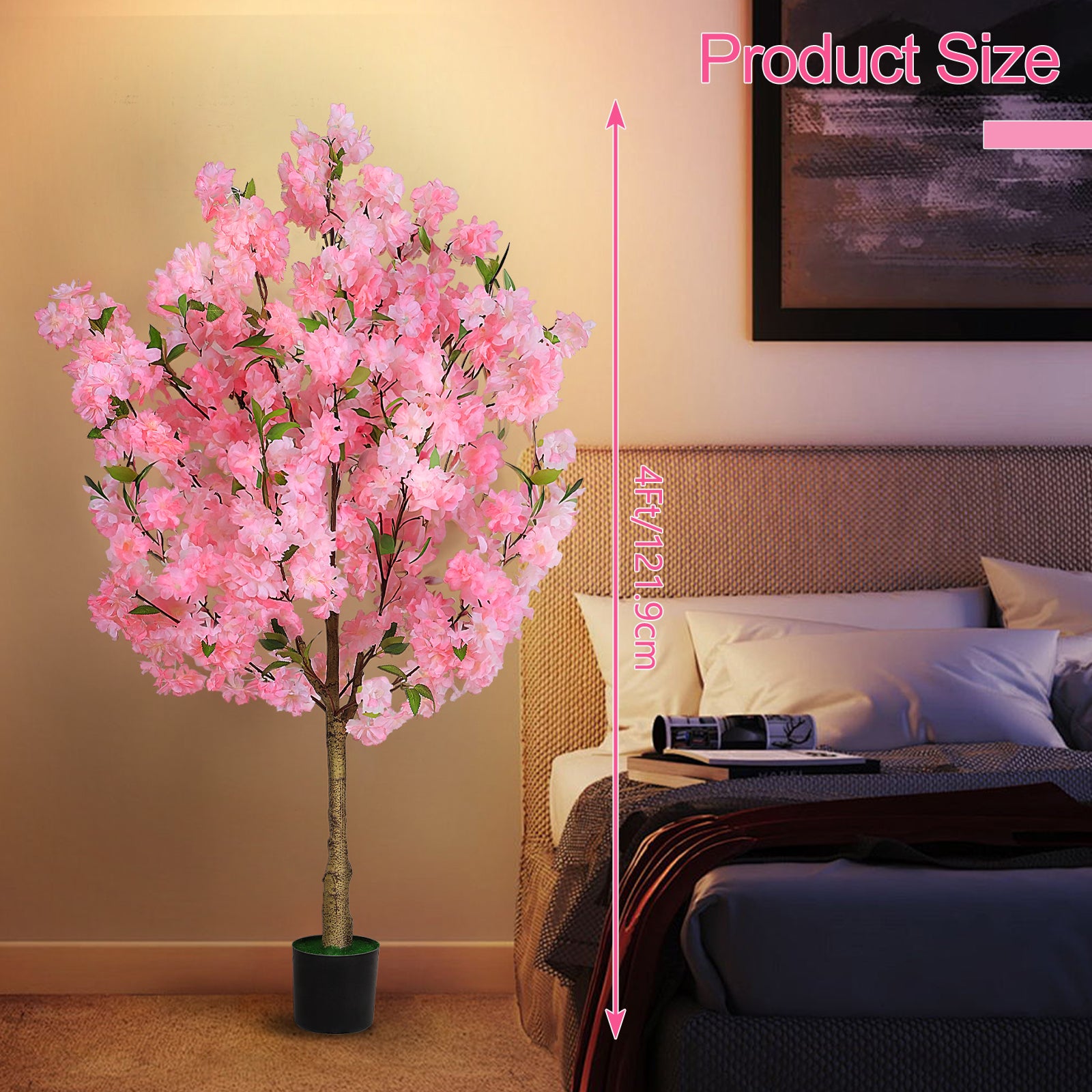 4FT Artificial Cherry Blossom Tree - Faux Pink Sakura Plant with Pot, Fake Flower Tree for Indoor Home, Living Room, Bedroom & Office Decor