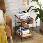 Pair of Rustic Brown 2-Tier Slim Bedside Tables with Integrated Power Outlets and USB Charging Ports, Compact End Tables with Lower Storage Shelf for Bedroom and Living Room