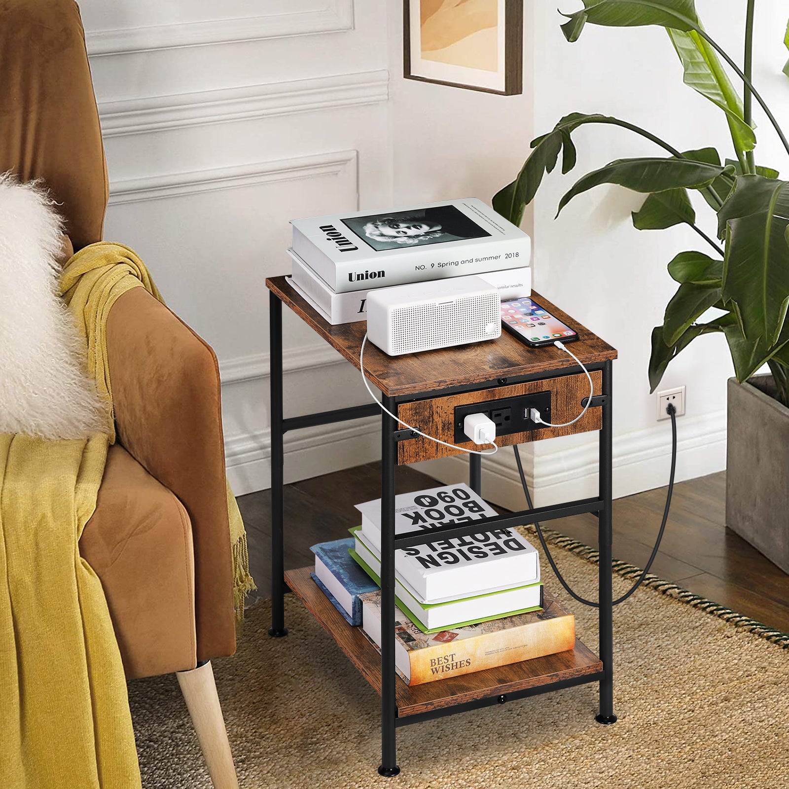 Pair of Rustic Brown 2-Tier Slim Bedside Tables with Integrated Power Outlets and USB Charging Ports, Compact End Tables with Lower Storage Shelf for Bedroom and Living Room