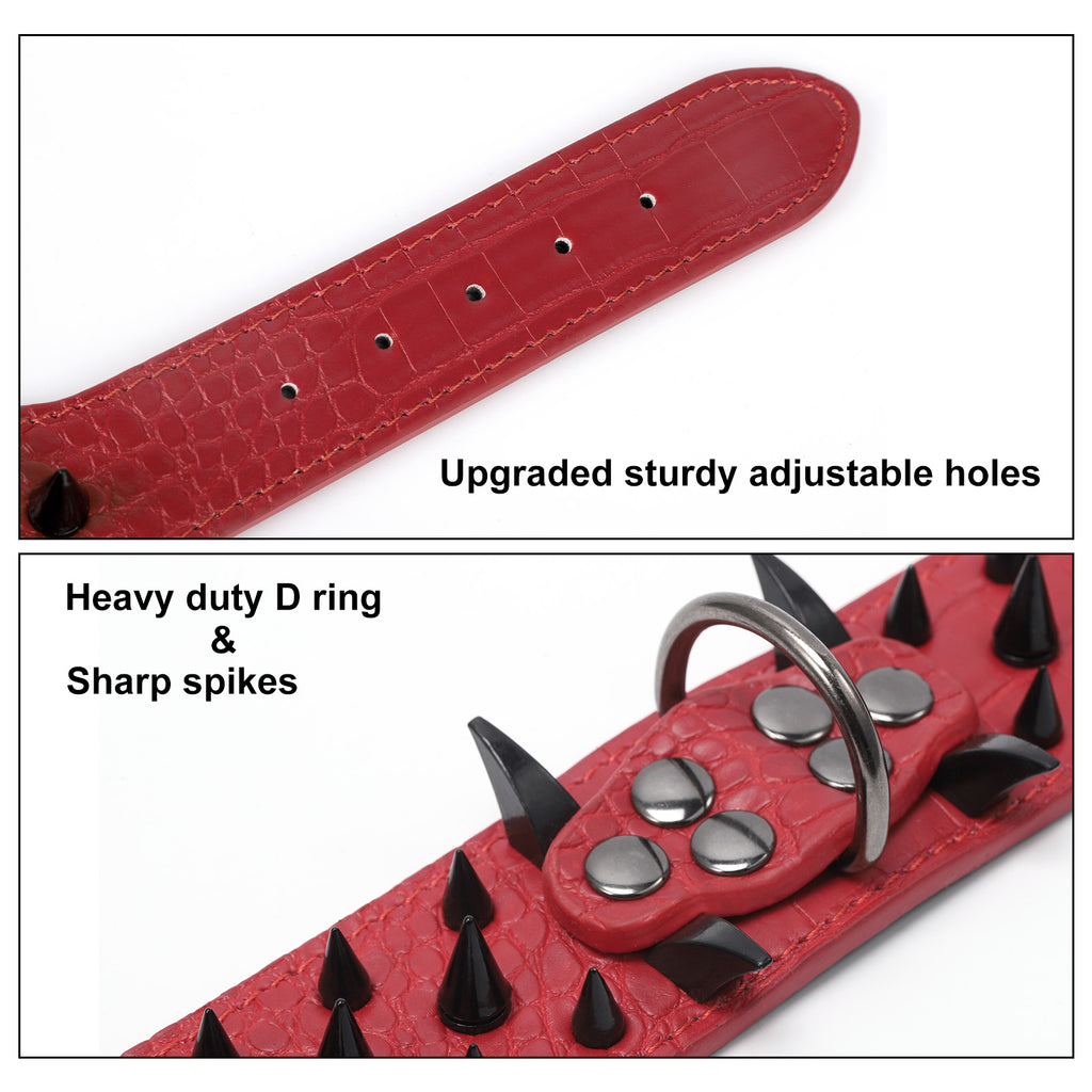 Punk Spiked Studded Dog Collar, Heavy-Duty Red PU Leather Pet Collar for Medium & Large Dogs