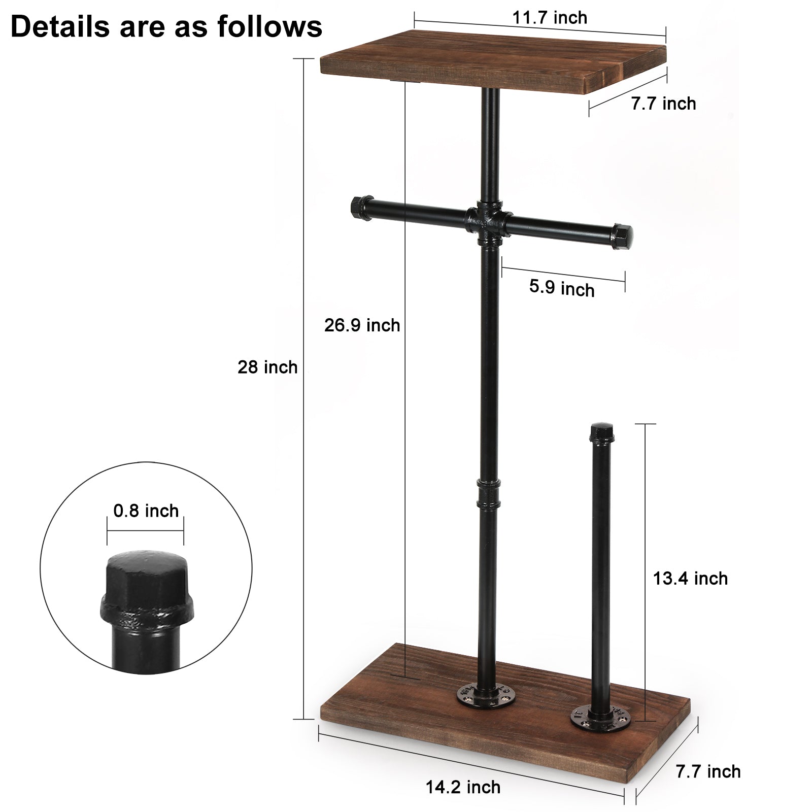 Freestanding Industrial Pipe Toilet Paper Holder with Wood Shelf, Double Roll Dispenser and Reserve Storage for Farmhouse Washroom,