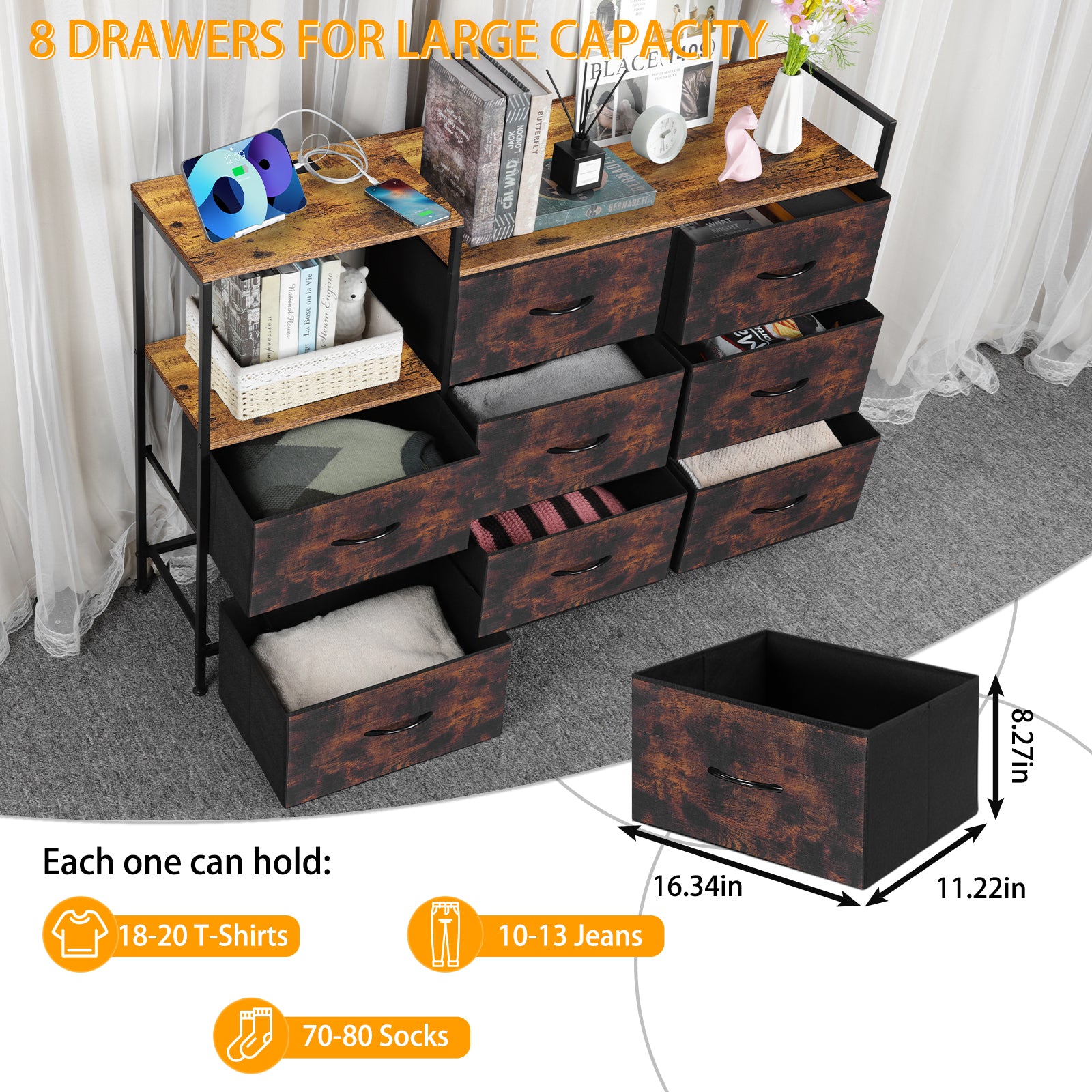 52-Inch Extra Wide Dresser with 8 Drawers & Charging Station, TV Stand for Bedroom with Fabric Storage Bins,