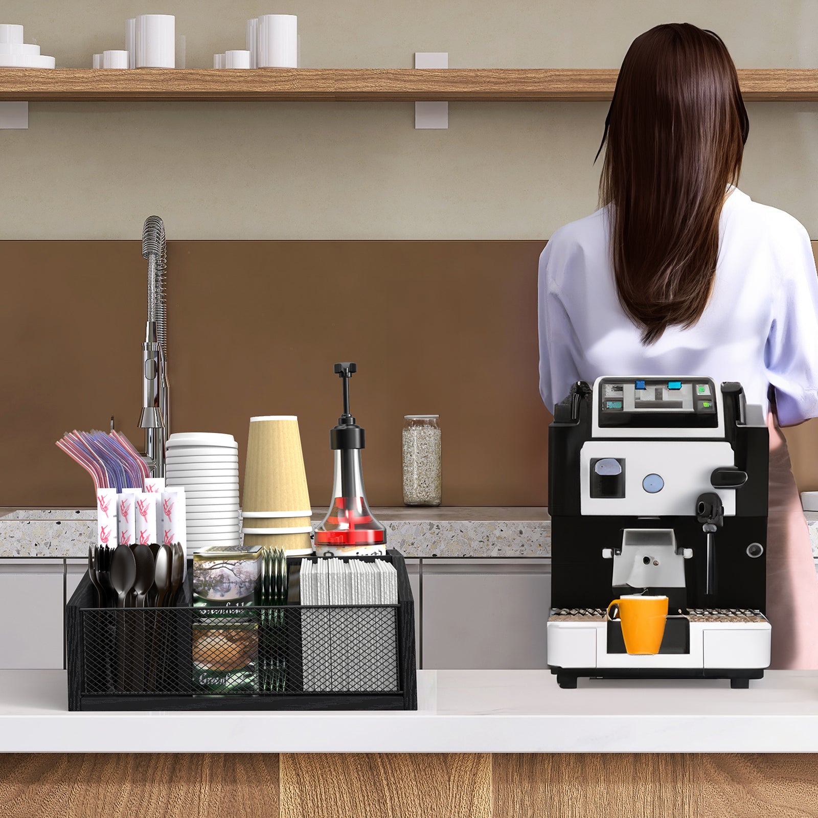 Countertop Coffee Station Organizer - 5-Compartment Coffee Bar Accessory Box for Pods & Condiments,