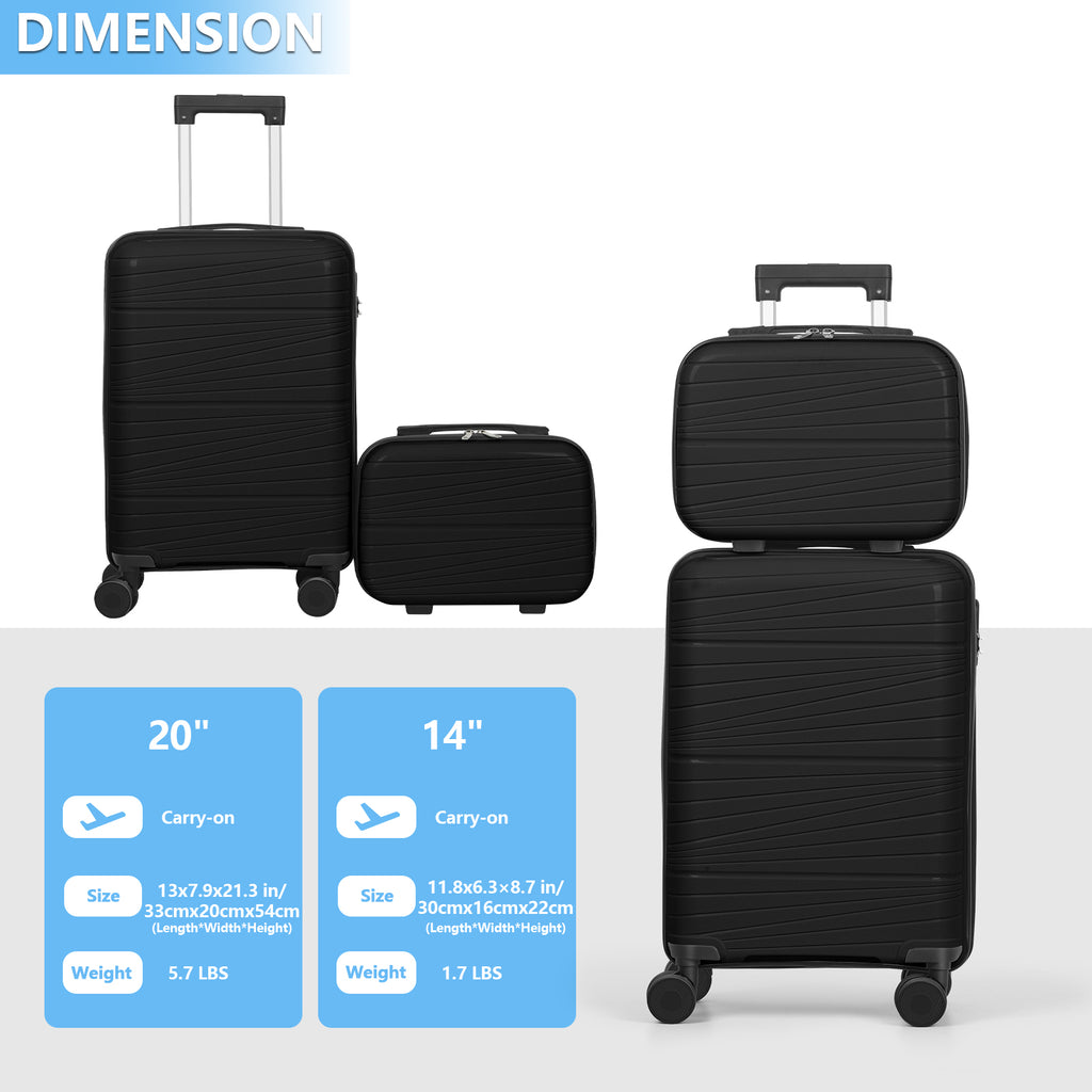 2-Piece PP Hardside Luggage Set - 20 Inch Carry On Suitcase + 14 Inch Cosmetic Case with Spinner Wheels & Lock (Black)