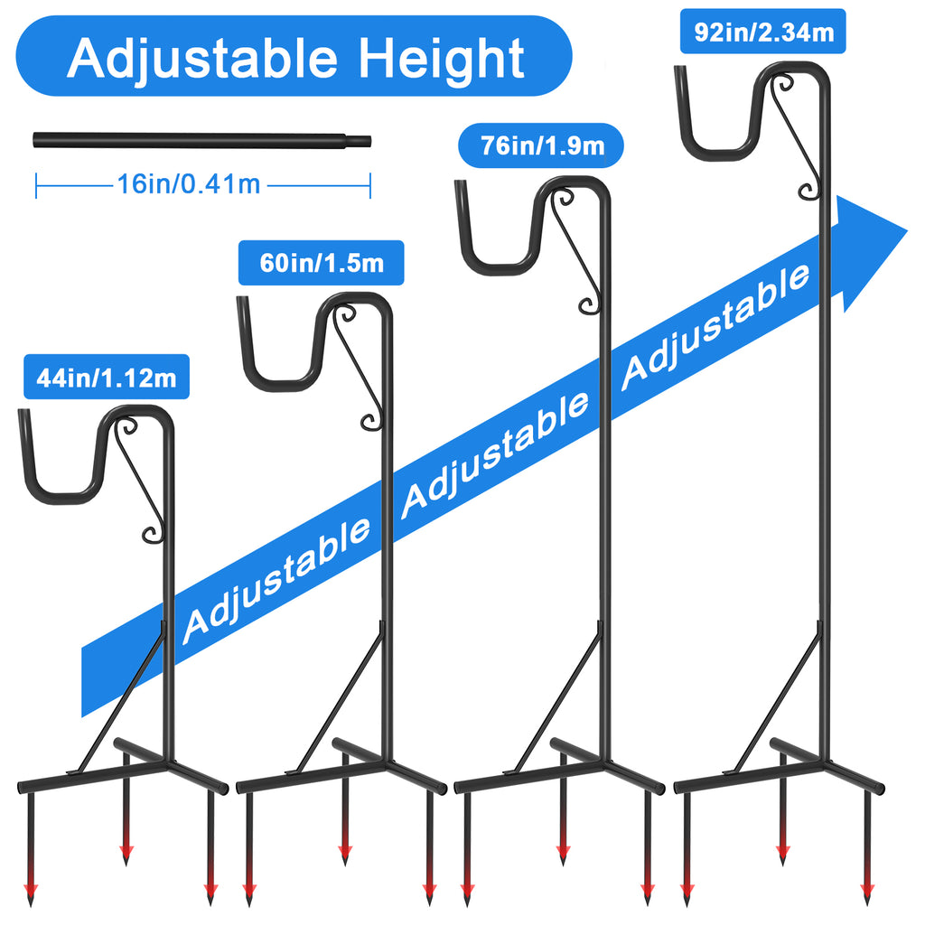 2-Pack 92-Inch Adjustable Shepherd Hooks - Heavy Duty Outdoor Garden Plant Hangers - Metal Bird Feeder Pole with 3-Prong Base for Lanterns