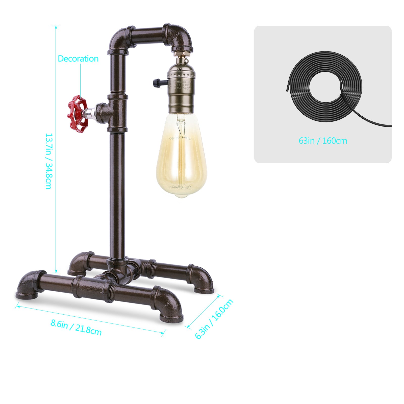 Retro Bronze Water Pipe Table Lamp with Red Valve， Steampunk Industrial Desk Lamp for Loft and Cafe Decor.