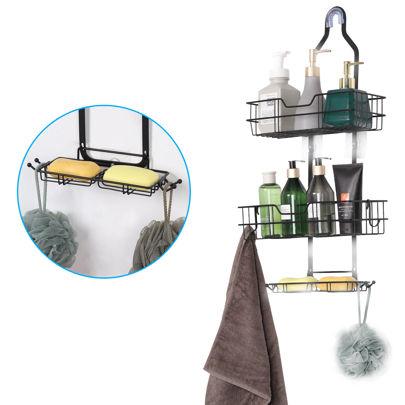 3-Tier Hanging Shower Caddy, Over the Shower Head Bathroom Organizer with Soap Dish & Hooks