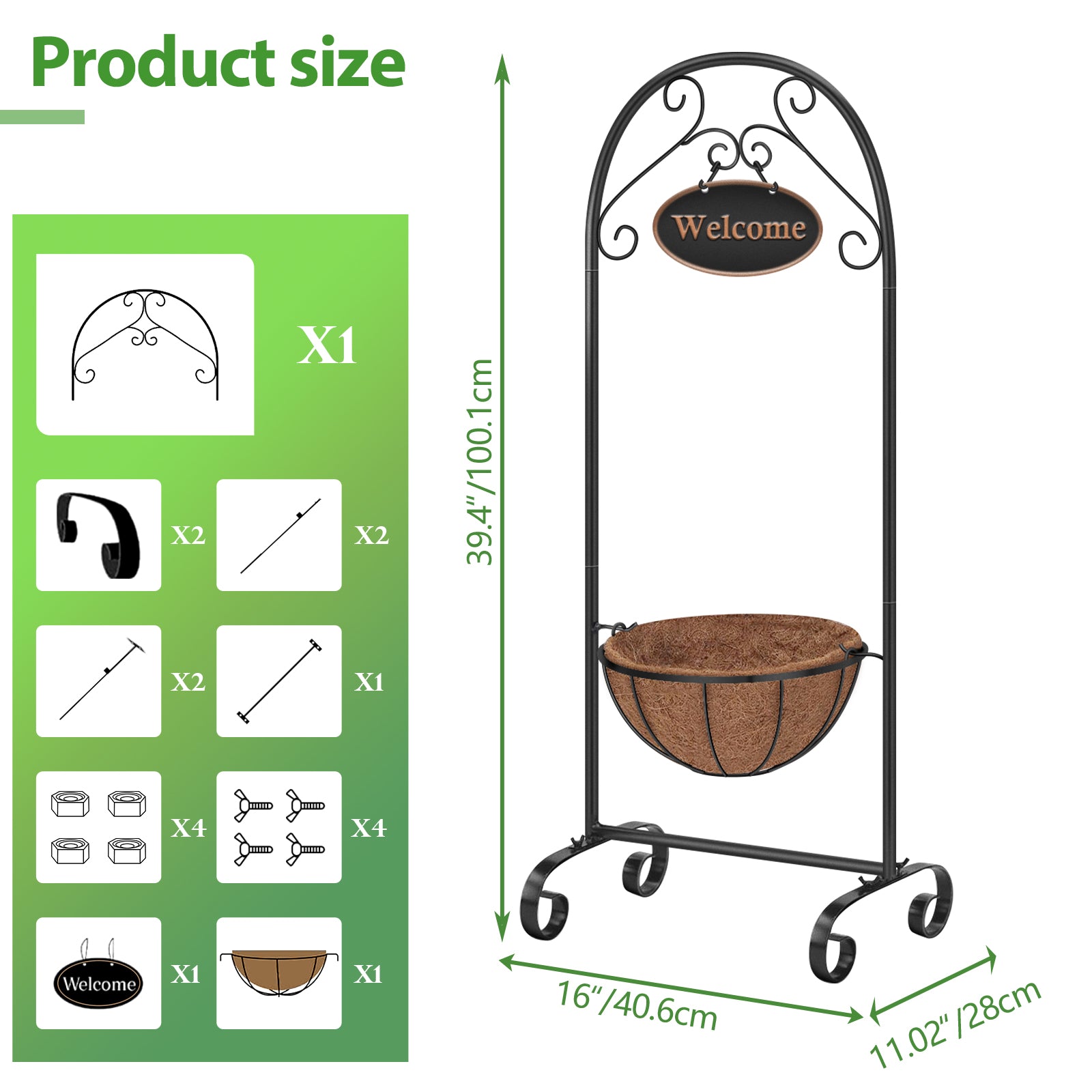 39.5inch Welcome Planter Basket Stand with Coco Liner - Hanging Metal Flower Stand - Decorative Sign for Porch & Entryway