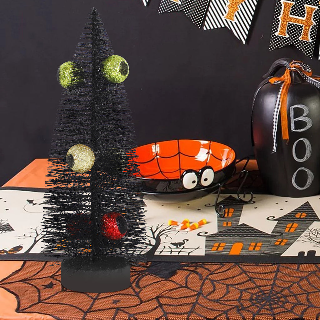 Mini Black Halloween Tree with Glitter Eyeballs, Spooky Tabletop Decoration for Halloween