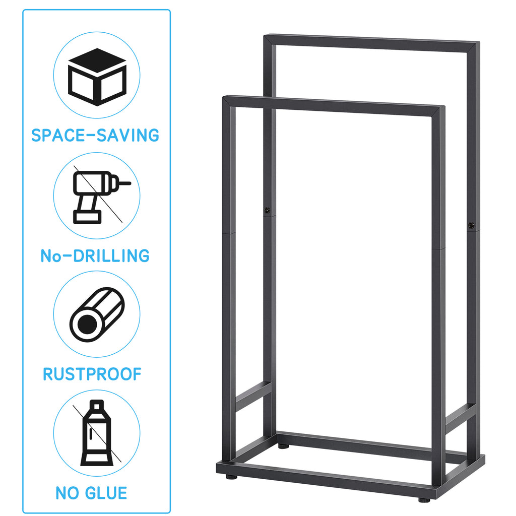 Matte Black Dual-Bar Towel Rack | Freestanding Hand Towel & Blanket Drying Stand
