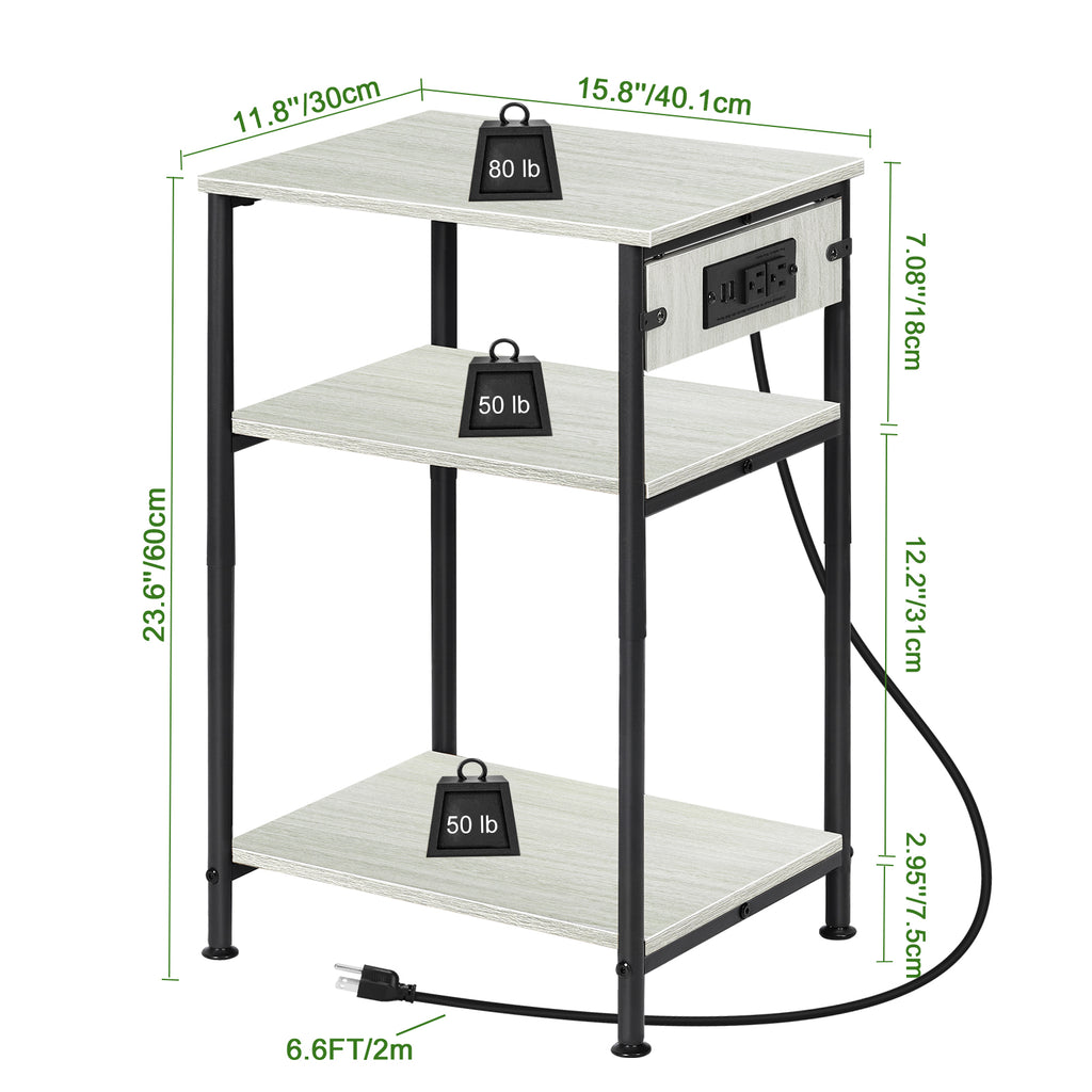 Bedside Table with Charging Station - 3-Tier Nightstand with USB Ports & Power Outlets