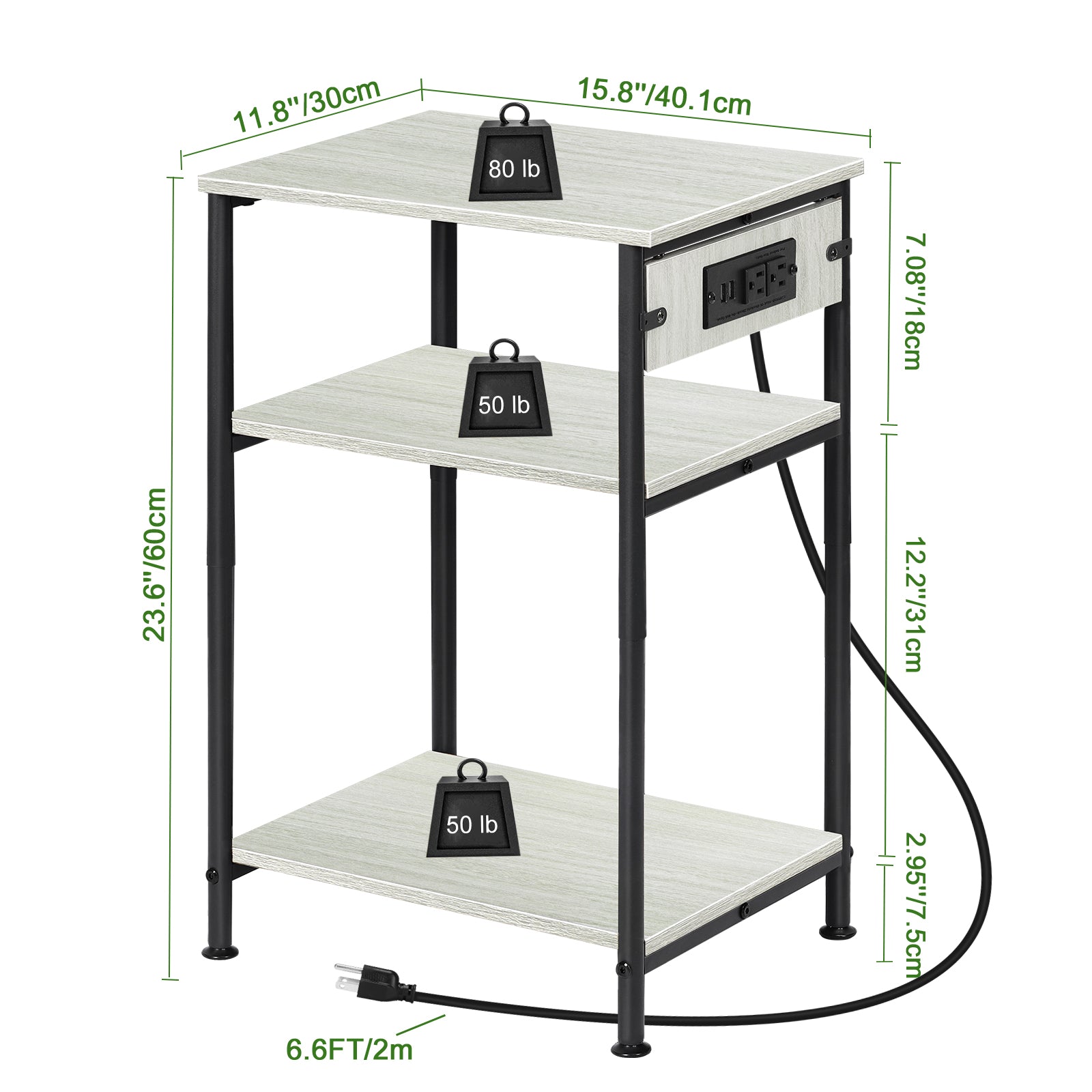 Bedside Table with Charging Station - 3-Tier Nightstand with USB Ports & Power Outlets