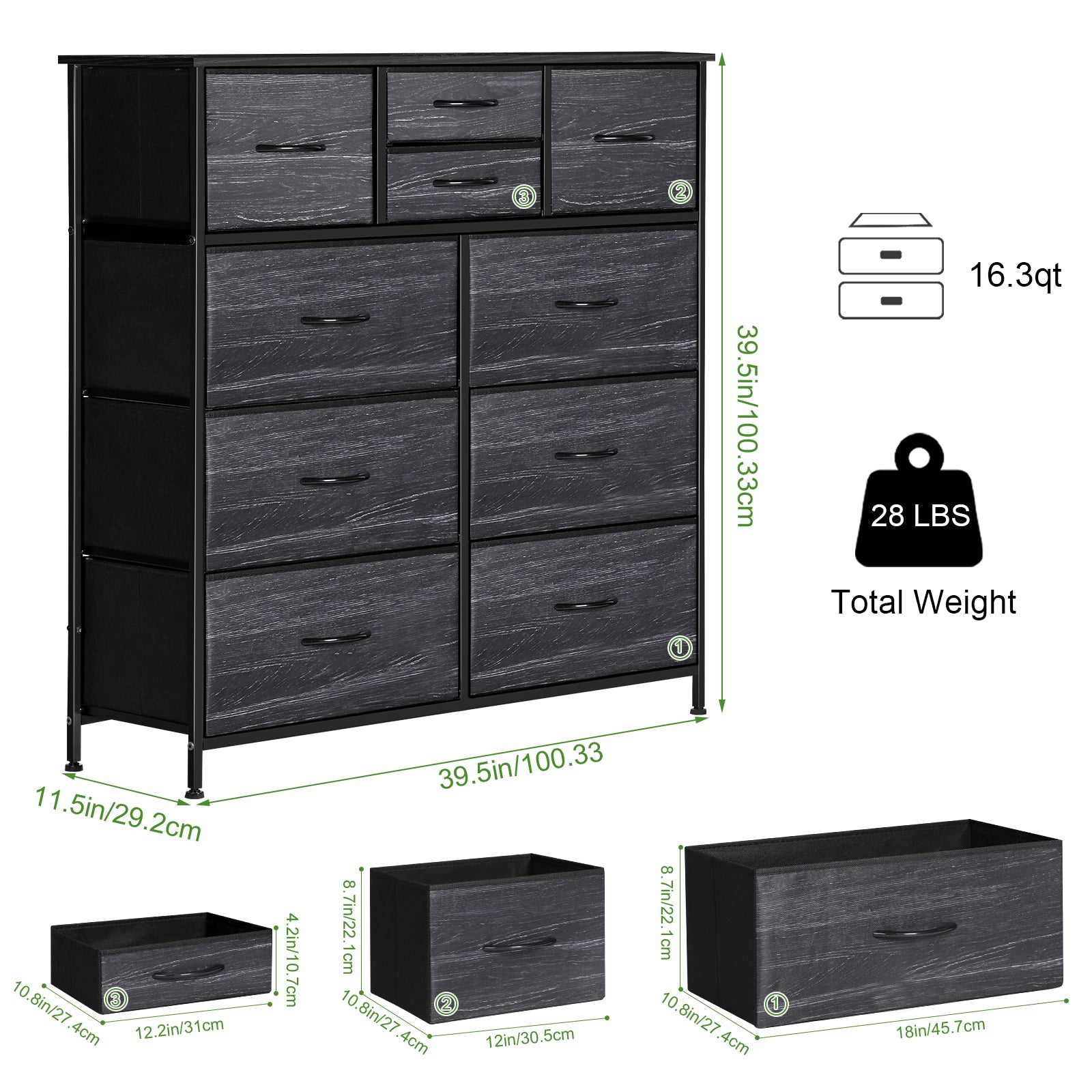 10-Drawer Fabric Storage Dresser - Large Chest of Drawers with Wood Top for Nursery & Entryway