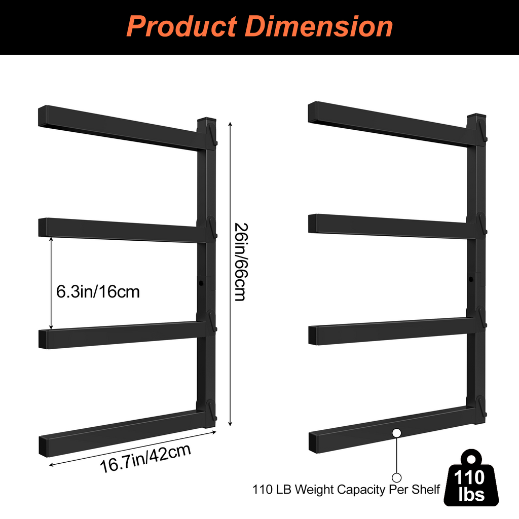 4-Pack Heavy-Duty Wall Mount Lumber Storage Rack - 4-Level Adjustable Steel Wood Organizer for Garage & Workshop