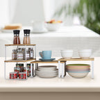 4-Pack Stackable Cabinet Shelf Organizers - White Metal & Wood Kitchen Counter Storage Shelves