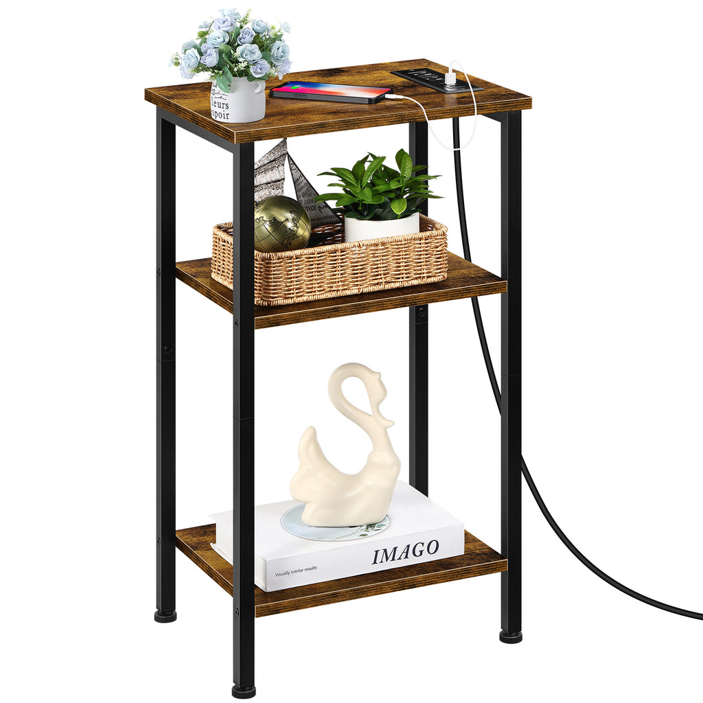 3-Tier Slim Side Table with Charging Station & USB Ports, Industrial End Table with Storage Shelves for Bedroom & Living Room, Rustic Brown,