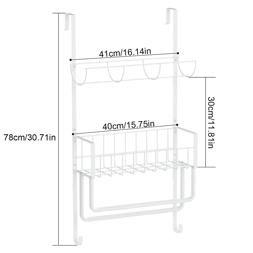 Over-the-Door Towel Rack with Storage Basket, No-Drill Hanging Organizer with Hooks for Bathroom, Kitchen, RV & Camper, White