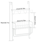 Over-the-Door Towel Rack with Storage Basket, No-Drill Hanging Organizer with Hooks for Bathroom, Kitchen, RV & Camper, White
