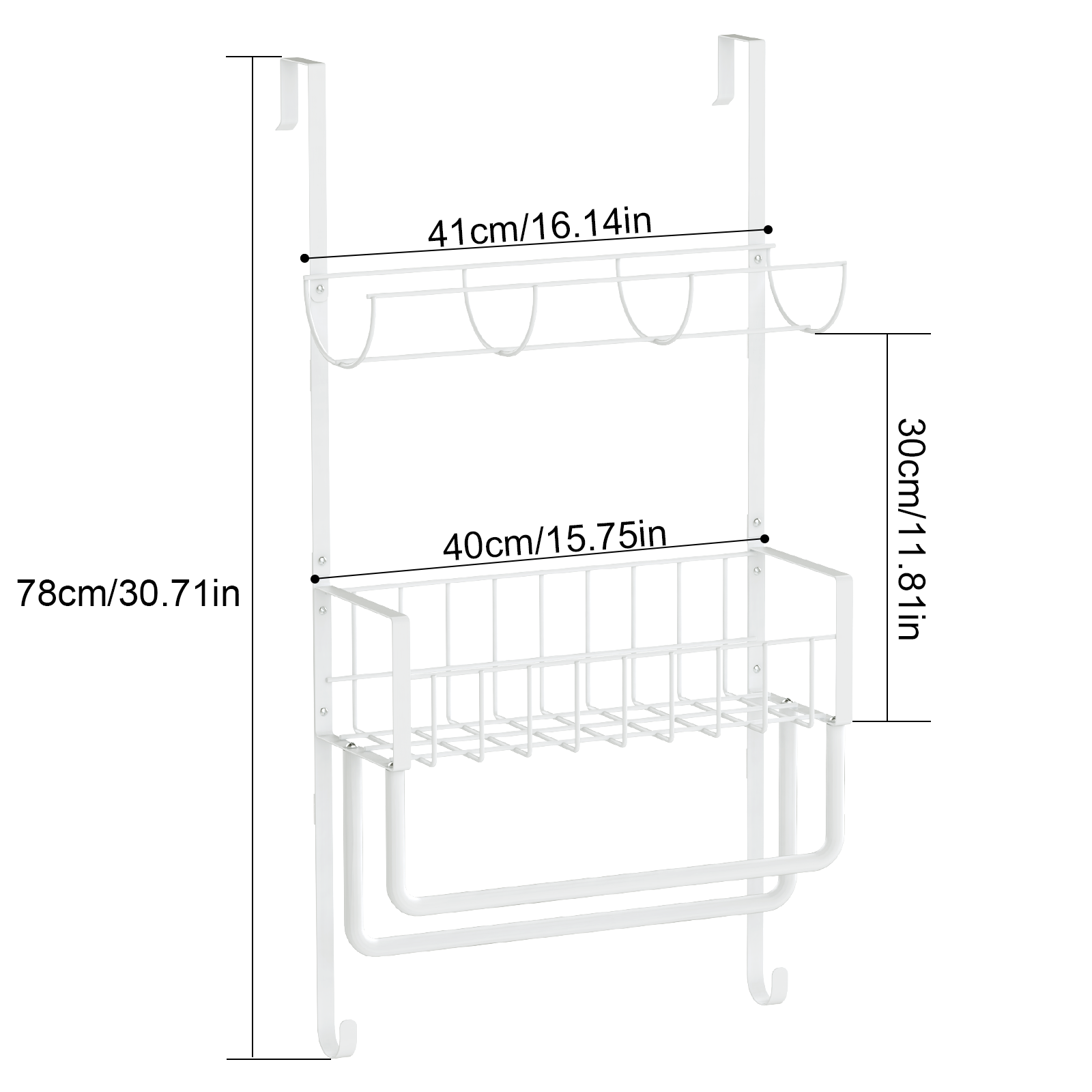 Over-the-Door Towel Rack with Storage Basket, No-Drill Hanging Organizer with Hooks for Bathroom, Kitchen, RV & Camper, White