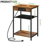 Rustic Brown 3-Tier Side Table with Power Outlets and USB Ports, Compact Bedside Nightstand for Bedroom and Living Room