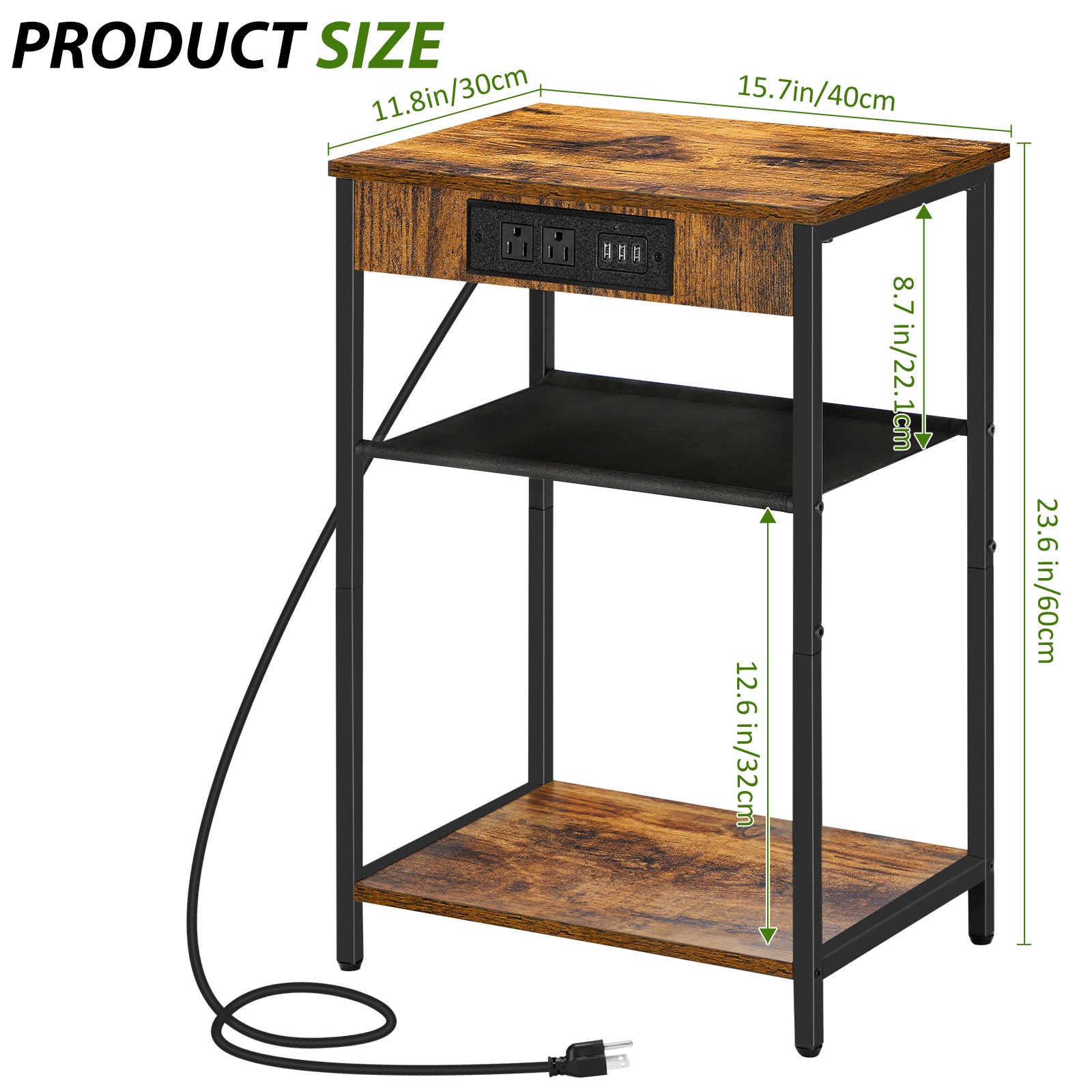 Rustic Brown 3-Tier Side Table with Power Outlets and USB Ports, Compact Bedside Nightstand for Bedroom and Living Room