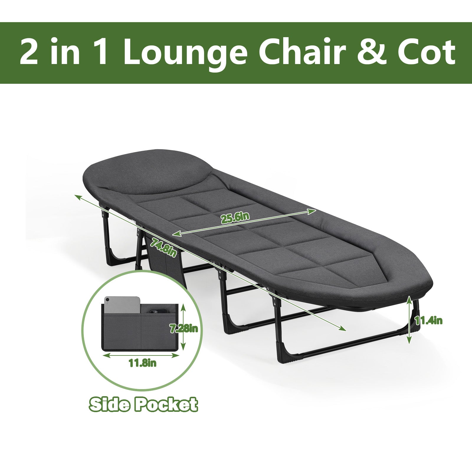 Folding Camping Cot for Adults with Cushion & Pillow, Portable Sleep Bed with Side Pocket for Outdoor Camping and Home Guest,