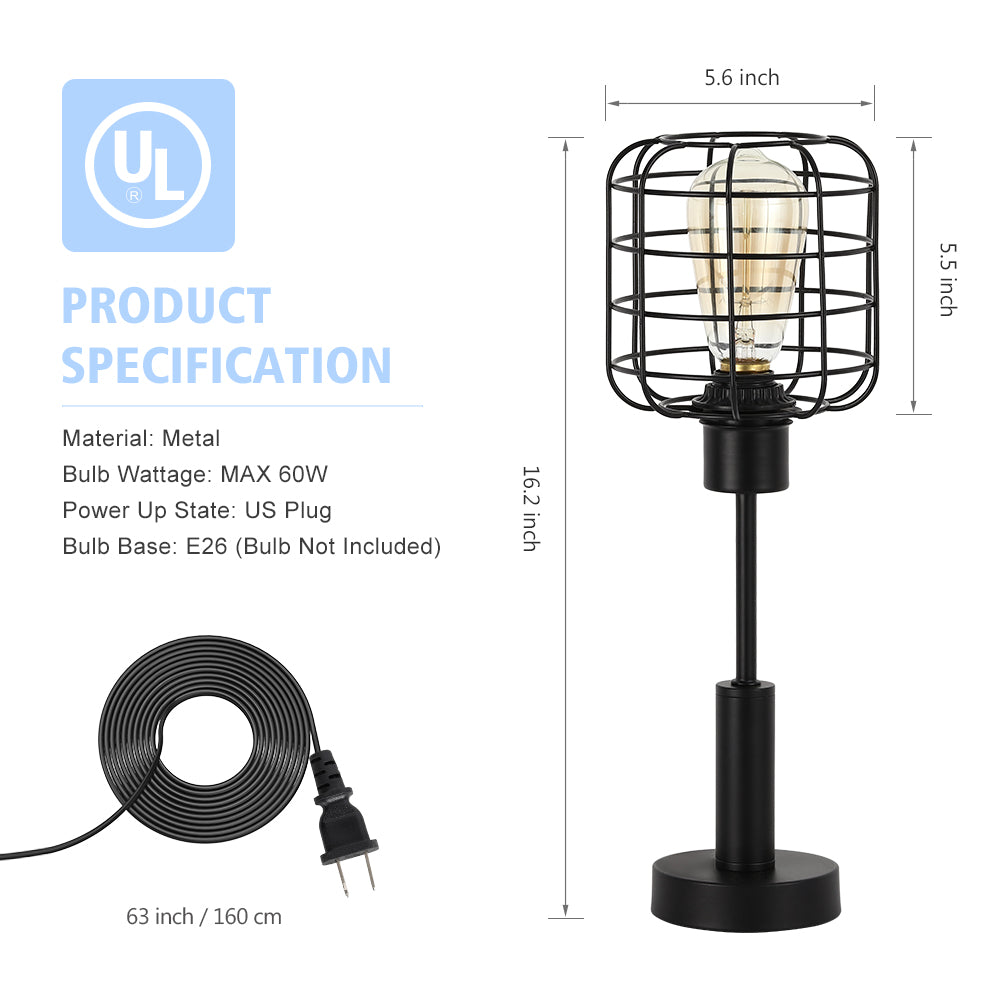 Industrial Metal Cage Table Lamp, Vintage Bedside Nightstand Light for Minimalist Decor.