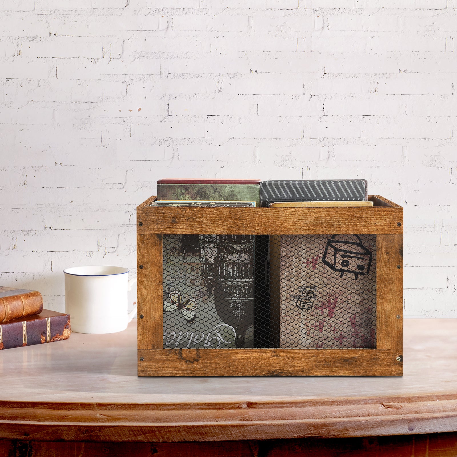 Vintage Wood Vinyl Record Storage Crate - Rustic Album Holder with Integrated Handles - Decorative Storage Case for Records, Books & Magazines
