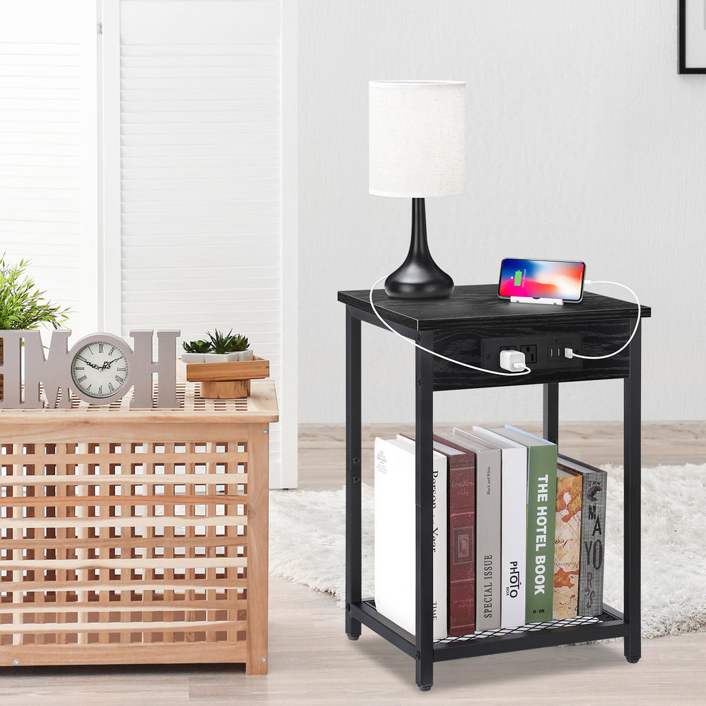 Set of 2 Nightstands with Charging Station - Side Tables with USB Ports & AC Outlets for Bedroom, Black,