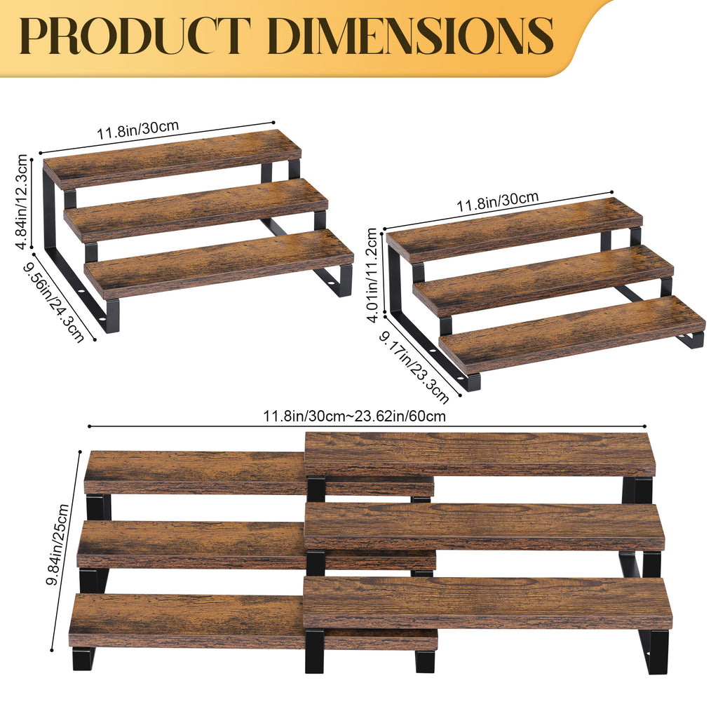 4-Piece 3-Tier Expandable Bamboo Spice Rack - Stackable Step-Style Pantry Organizer - Space-Saving Countertop Display Stand for Kitchen & Cabinets