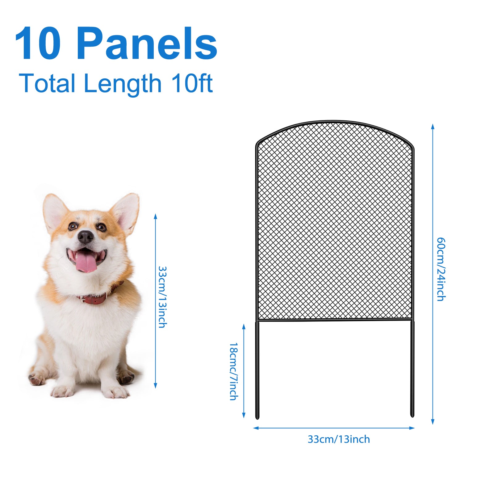 24" (H) x 10ft (L) Mesh Garden Fence & Animal Barrier - No-Dig Metal Wire Fencing for Rabbits & Dogs, Decorative Yard & Patio Border, Black