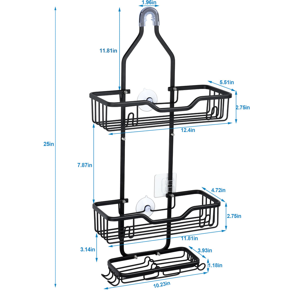 With 4 hooks, shower organizer rack, bathroom hanging shower box, rust resistant and waterproof shower storage rack for shampoo, conditioner, soap, bath sponge, black