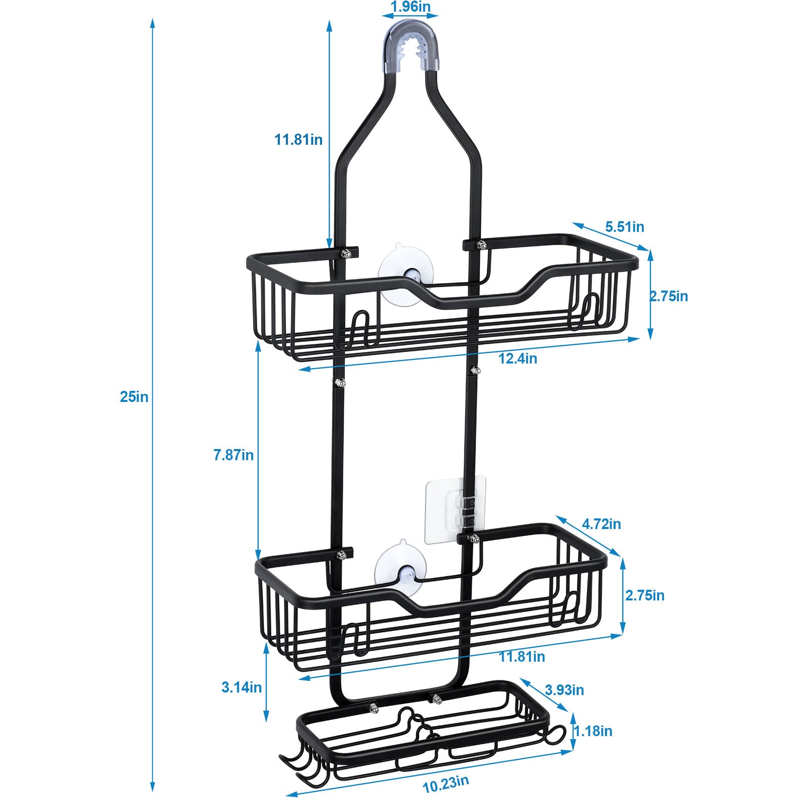 With 4 hooks, shower organizer rack, bathroom hanging shower box, rust resistant and waterproof shower storage rack for shampoo, conditioner, soap, bath sponge, black